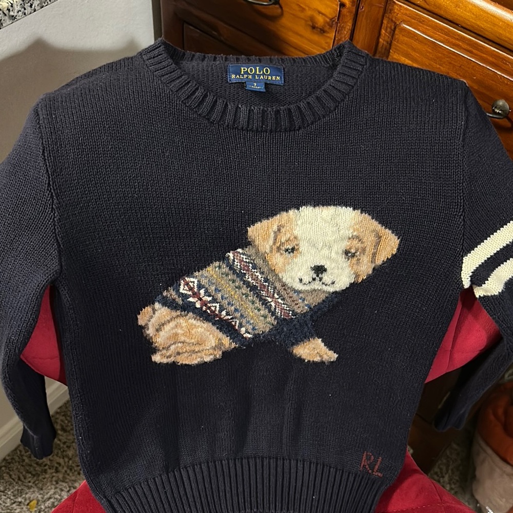 Ralph Lauren Navy Kids Sweater with Puppy Design